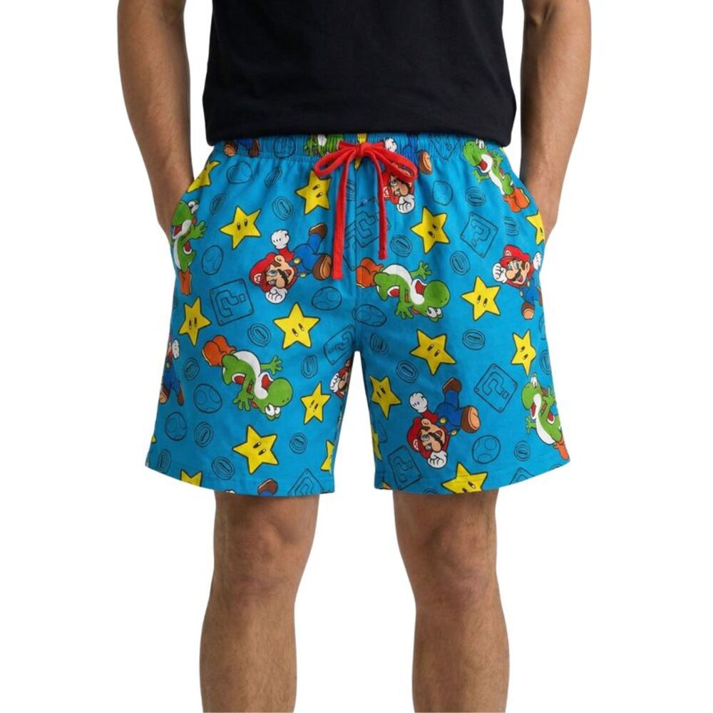 New Mens Nintendo Mario Yoshi Pajama Sleep Shorts Loungewear Pockets Blue